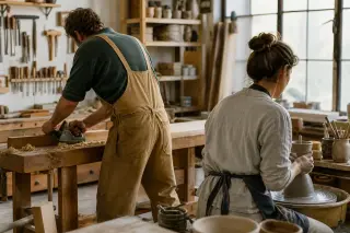 Two artisans working in a sunlit workshop, one doing woodworking and the other pottery, surrounded by tools and wooden shelves.