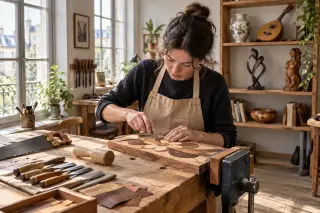 Jeune artisane en tablier beige travaillant minutieusement le bois sur un établi d’atelier lumineux, divers objets d’artisanat et outils traditionnels autour d’elle.