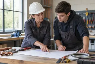 Deux artisans échangent autour d’un plan technique dans un atelier professionnel.